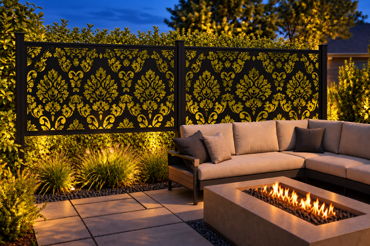 Design 237 Damask Floral Border Laser Cut Metal Privacy Screen Panel installed garden night lighting view