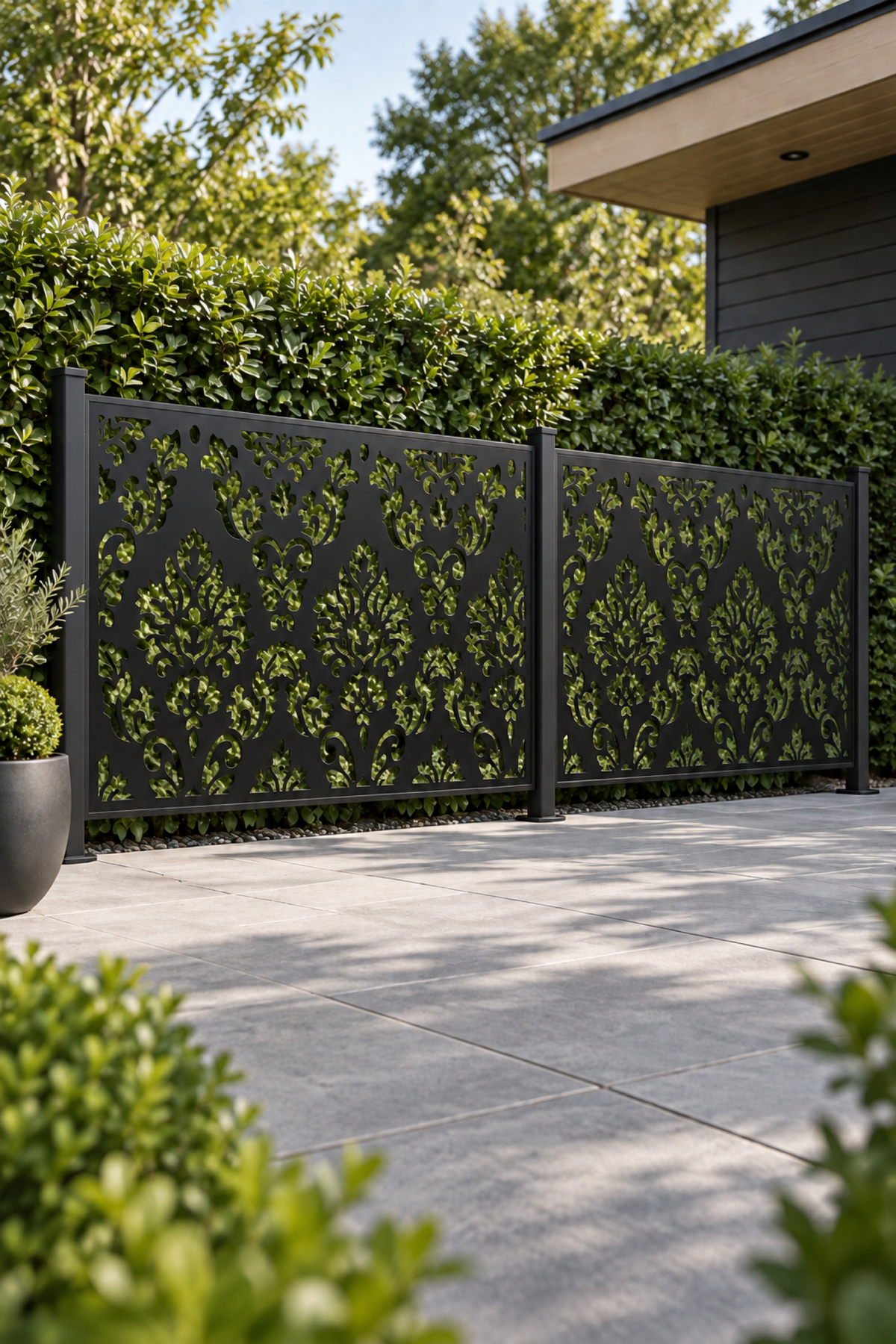 Design 237 Damask Floral Border Laser Cut Metal Privacy Screen Panel oblique angle view