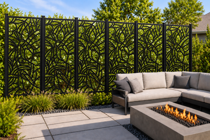 Design 238 Lotus Stained Glass Laser Cut Metal Privacy Screen Panel installed garden daylight view