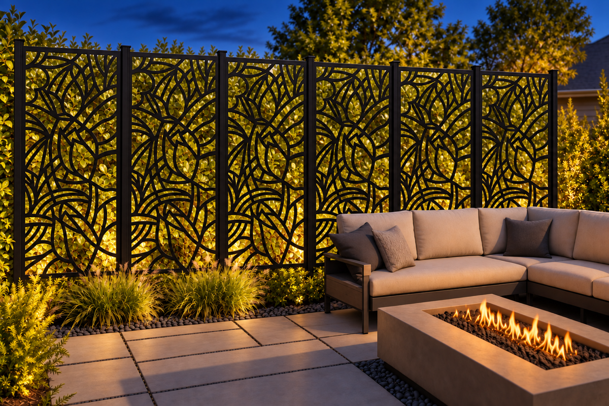 Design 238 Lotus Stained Glass Laser Cut Metal Privacy Screen Panel installed garden night lighting view