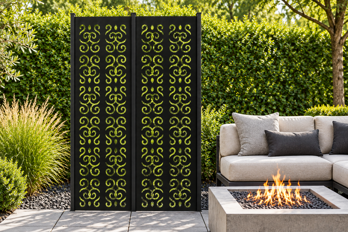 Design 239 Twin Cloud Emblems Laser Cut Metal Privacy Screen Panel installed garden daylight view