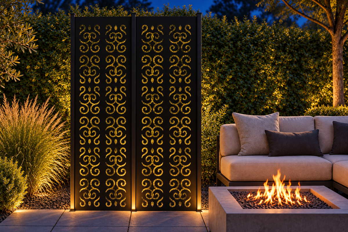 Design 239 Twin Cloud Emblems Laser Cut Metal Privacy Screen Panel installed garden night lighting view