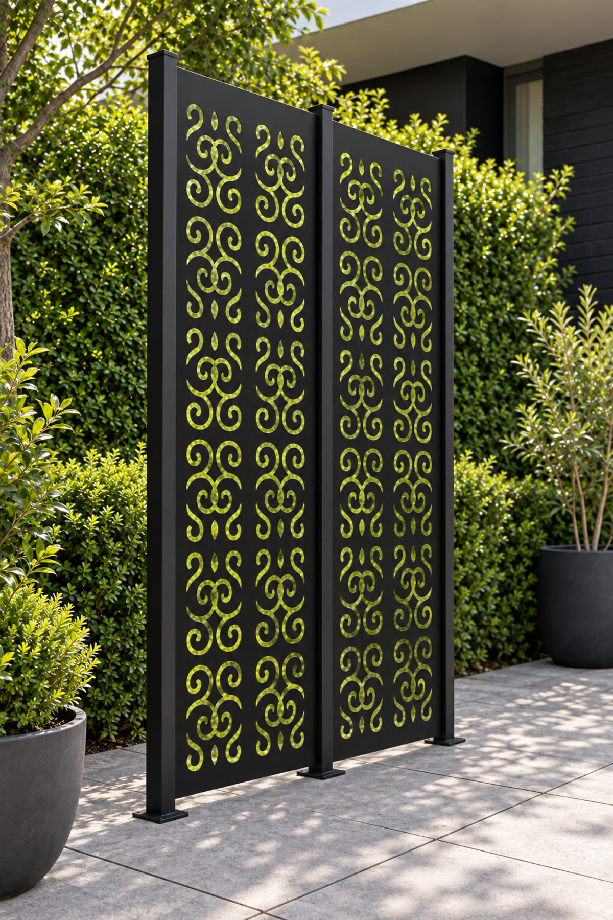 Design 239 Twin Cloud Emblems Laser Cut Metal Privacy Screen Panel oblique angle view