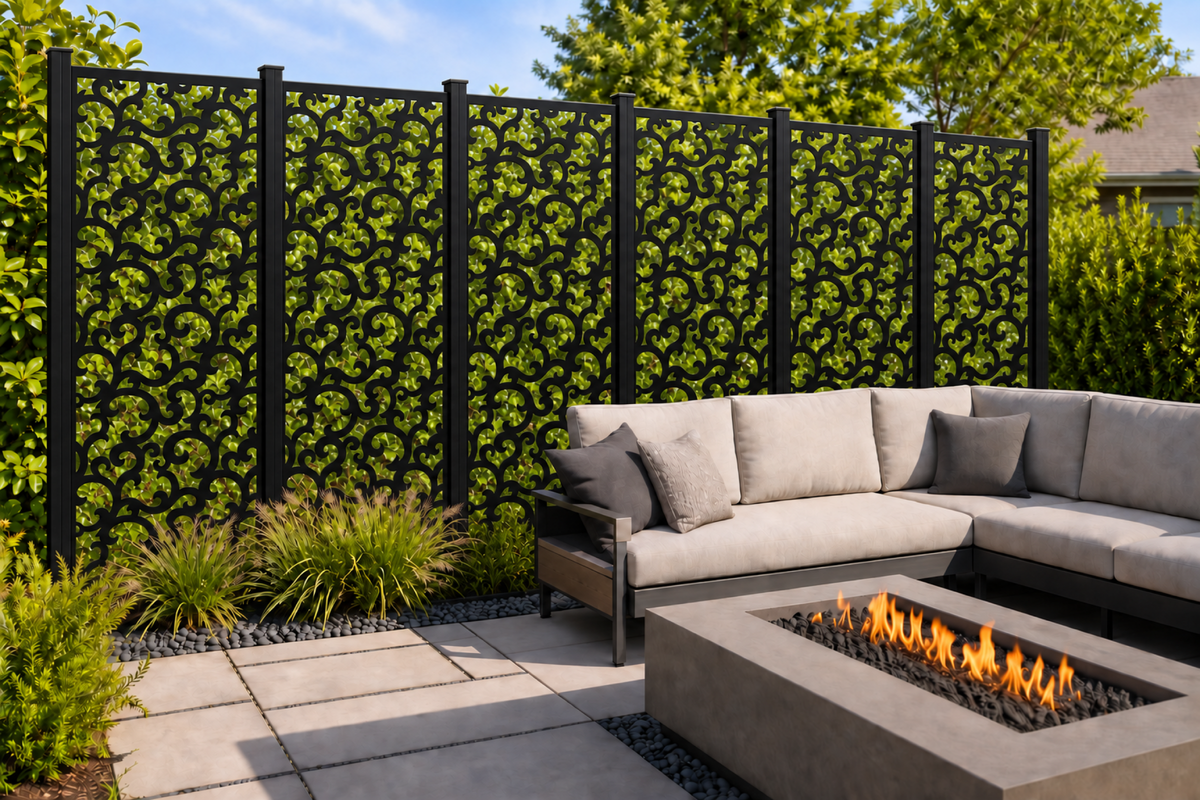 Design 240 Flowing Cloud Lattice Laser Cut Metal Privacy Screen Panel installed garden daylight view