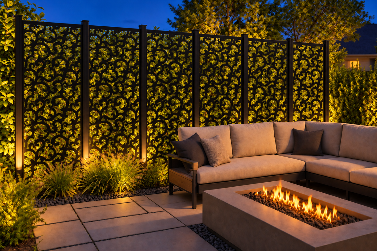Design 240 Flowing Cloud Lattice Laser Cut Metal Privacy Screen Panel installed garden night lighting view