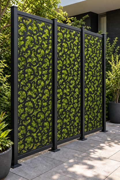 Design 240 Flowing Cloud Lattice Laser Cut Metal Privacy Screen Panel oblique angle view