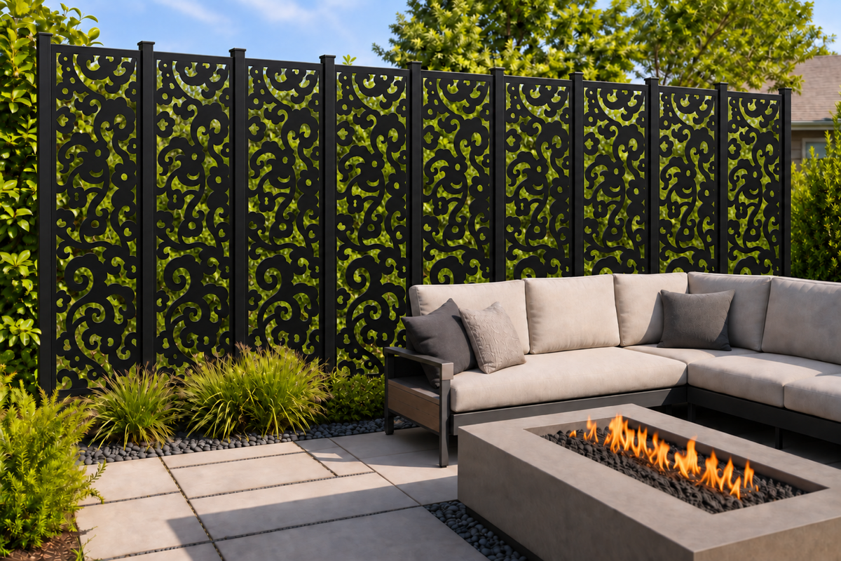 Design 241 Bold Cloud Totem Laser Cut Metal Privacy Screen Panel installed garden daylight view