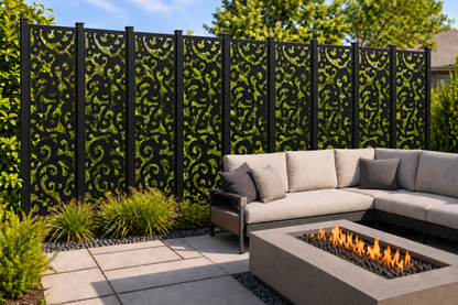Design 241 Bold Cloud Totem Laser Cut Metal Privacy Screen Panel installed garden daylight view