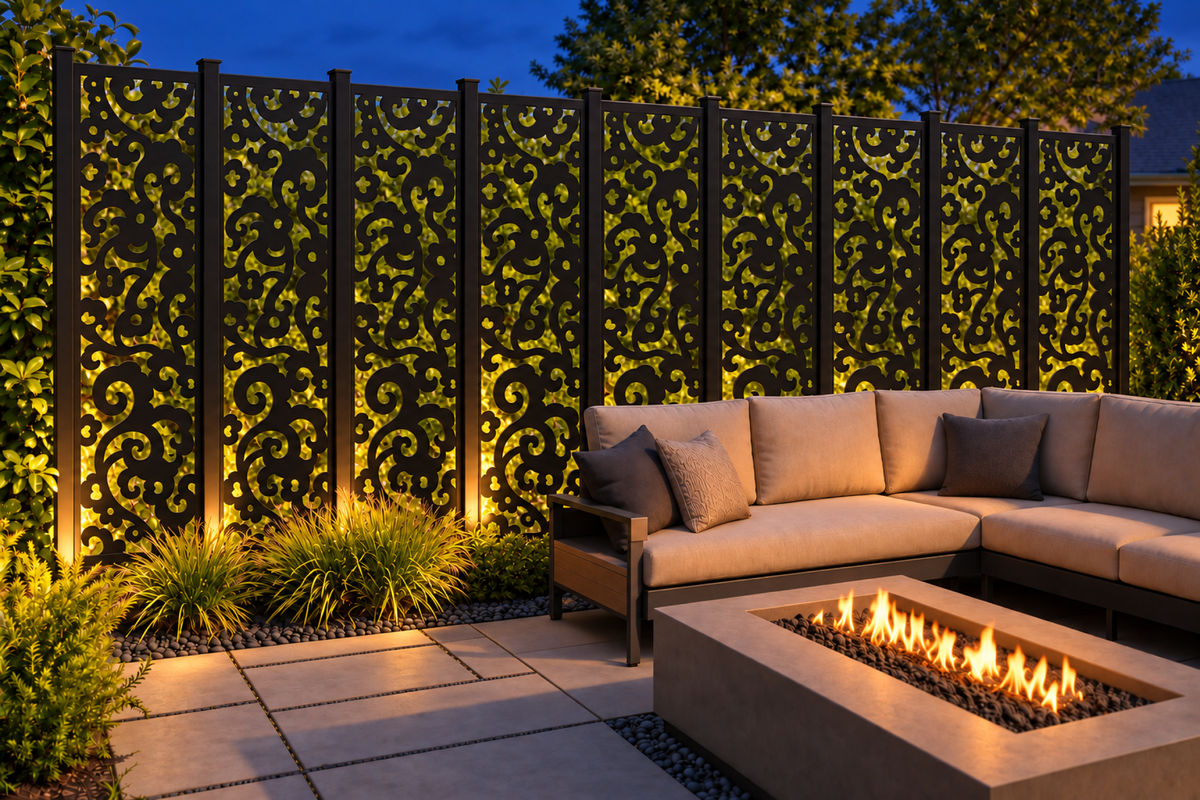 Design 241 Bold Cloud Totem Laser Cut Metal Privacy Screen Panel installed garden night lighting view