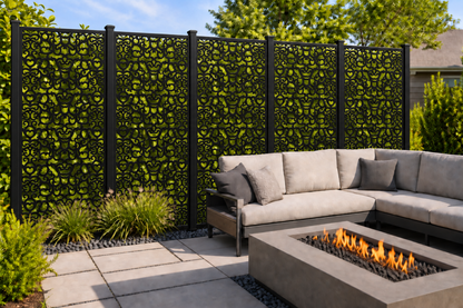 Design 242 Dense Cloud Tapestry Laser Cut Metal Privacy Screen Panel installed garden daylight view