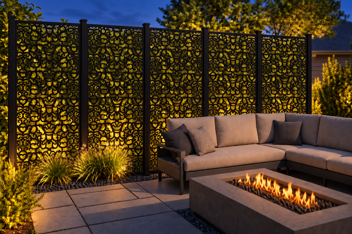 Design 242 Dense Cloud Tapestry Laser Cut Metal Privacy Screen Panel installed garden night lighting view