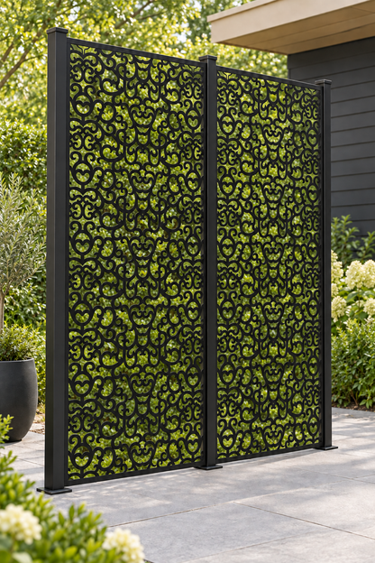 Design 242 Dense Cloud Tapestry Laser Cut Metal Privacy Screen Panel oblique angle view