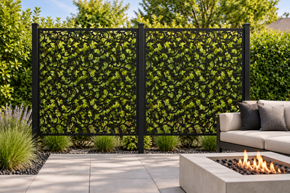 Design 243 Mini Leaf Scatter Laser Cut Metal Privacy Screen Panel installed garden daylight view