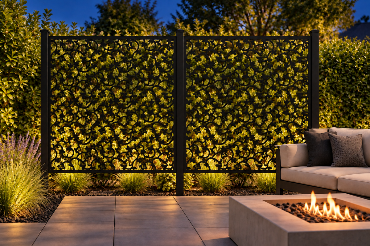 Design 243 Mini Leaf Scatter Laser Cut Metal Privacy Screen Panel installed garden night lighting view