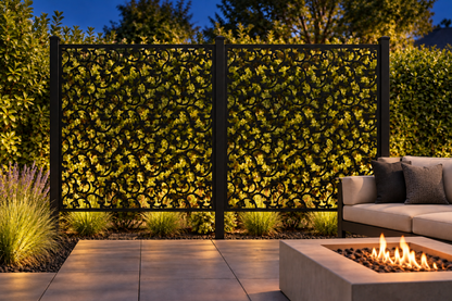 Design 243 Mini Leaf Scatter Laser Cut Metal Privacy Screen Panel installed garden night lighting view