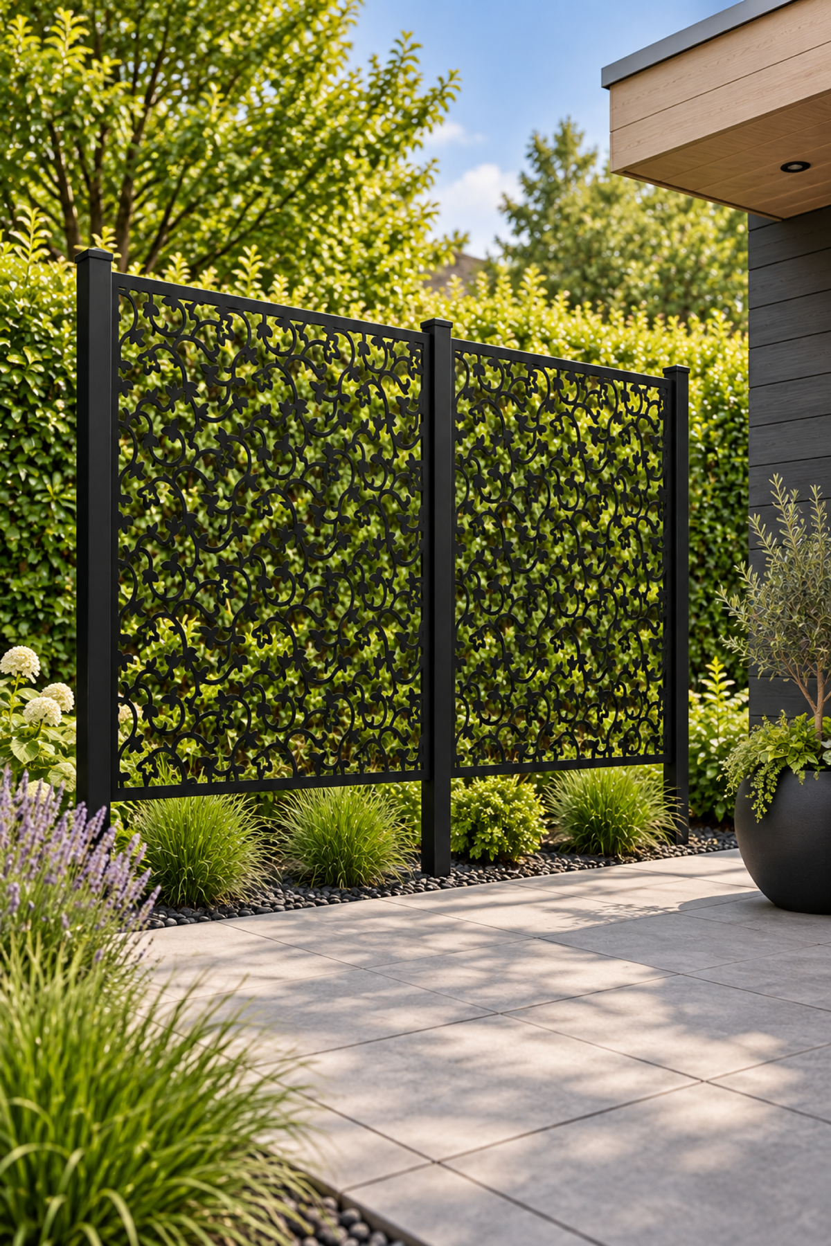 Design 243 Mini Leaf Scatter Laser Cut Metal Privacy Screen Panel oblique angle view