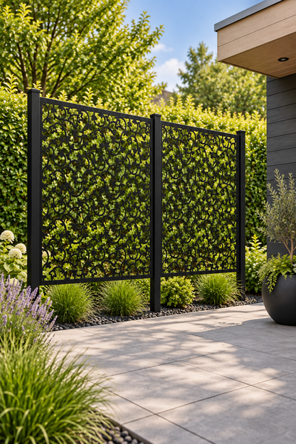 Design 243 Mini Leaf Scatter Laser Cut Metal Privacy Screen Panel oblique angle view