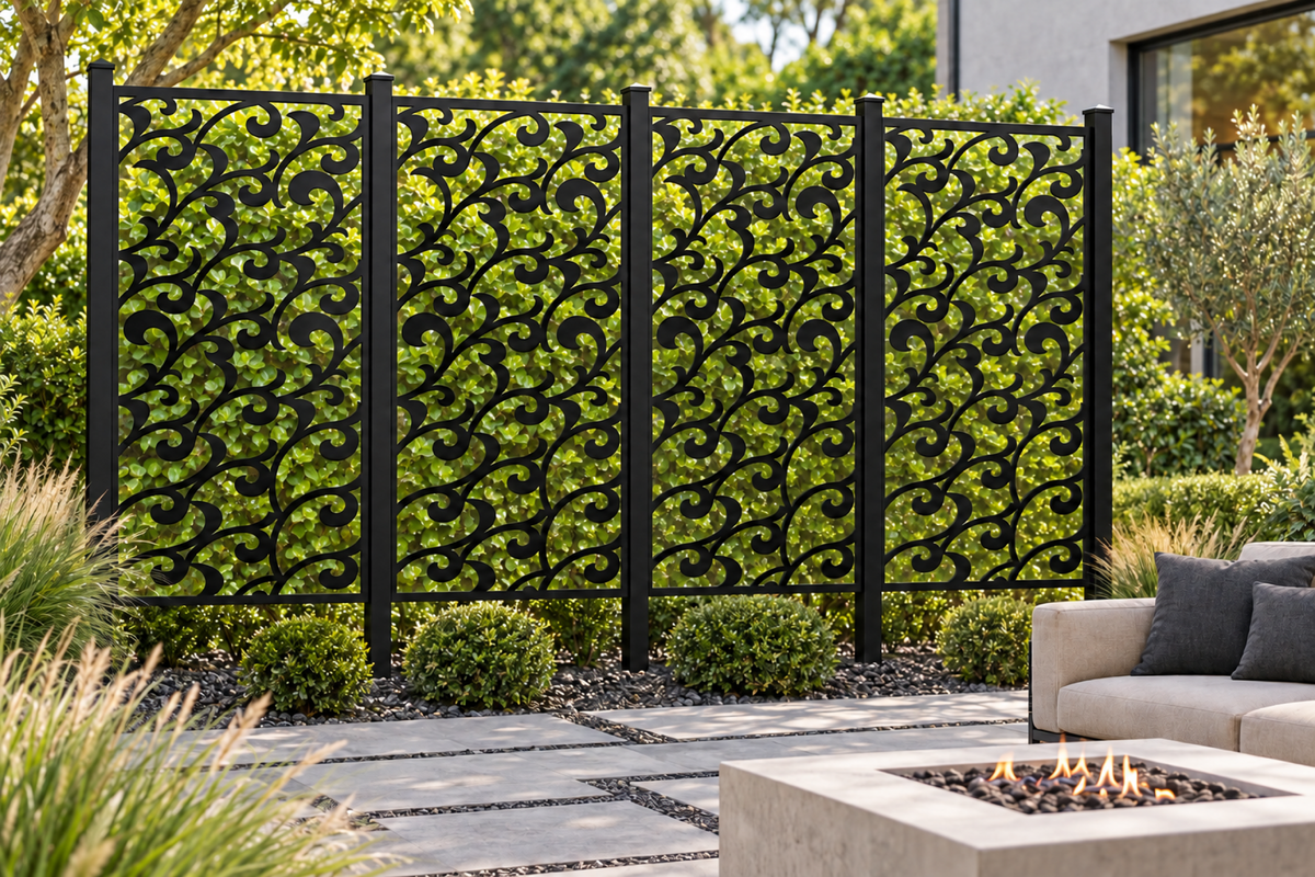 Design 244 Wave Crest Repeat Laser Cut Metal Privacy Screen Panel installed garden daylight view