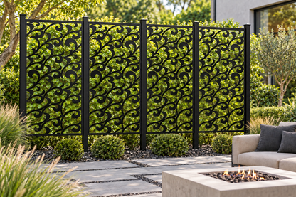 Design 244 Wave Crest Repeat Laser Cut Metal Privacy Screen Panel installed garden daylight view