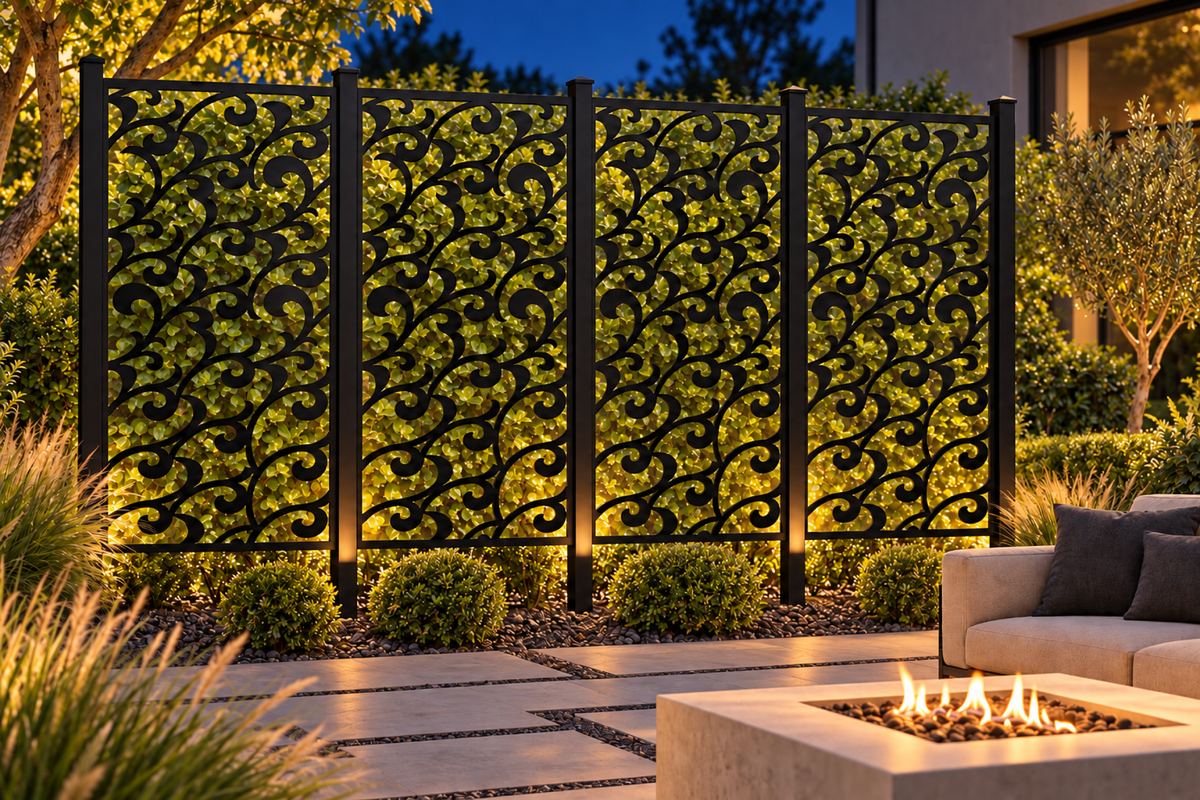 Design 244 Wave Crest Repeat Laser Cut Metal Privacy Screen Panel installed garden night lighting view