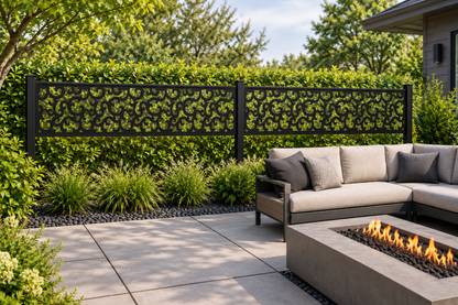 Design 245 Narrow Cloud Border Laser Cut Metal Privacy Screen Panel installed garden daylight view