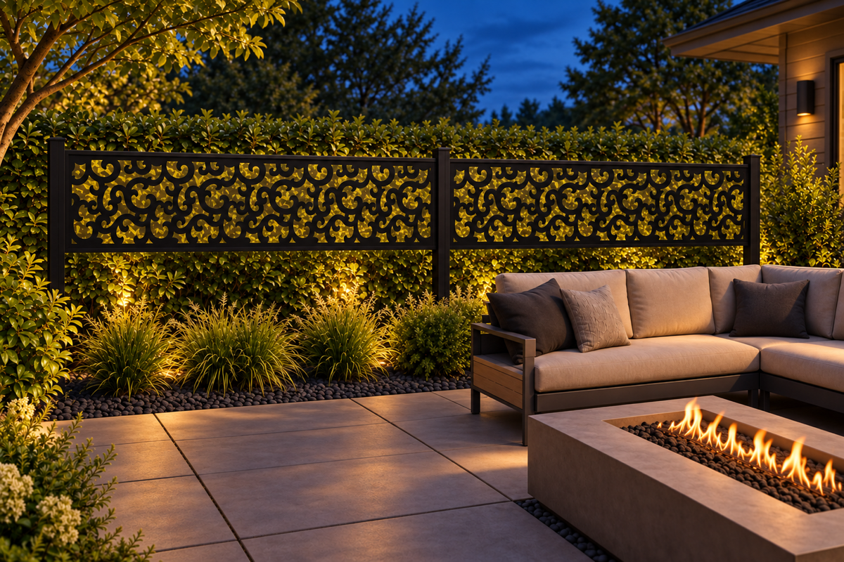 Design 245 Narrow Cloud Border Laser Cut Metal Privacy Screen Panel installed garden night lighting view