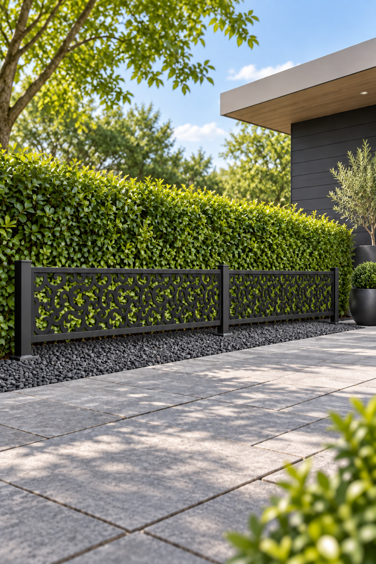 Design 245 Narrow Cloud Border Laser Cut Metal Privacy Screen Panel oblique angle view