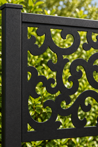 Design 245 Narrow Cloud Border Laser Cut Metal Privacy Screen Panel close-up detail view