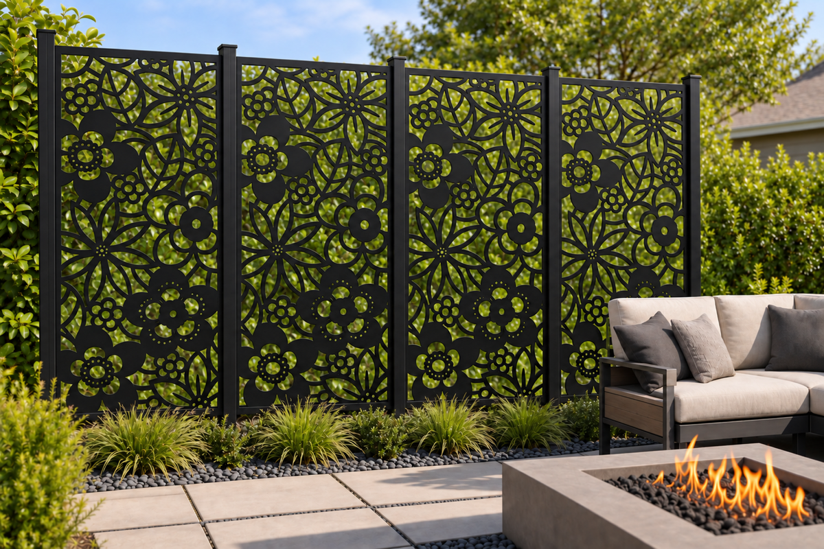 Design 246 Garden Flower Collage Laser Cut Metal Privacy Screen Panel installed garden daylight view