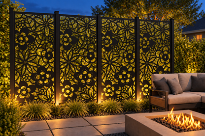 Design 246 Garden Flower Collage Laser Cut Metal Privacy Screen Panel installed garden night lighting view