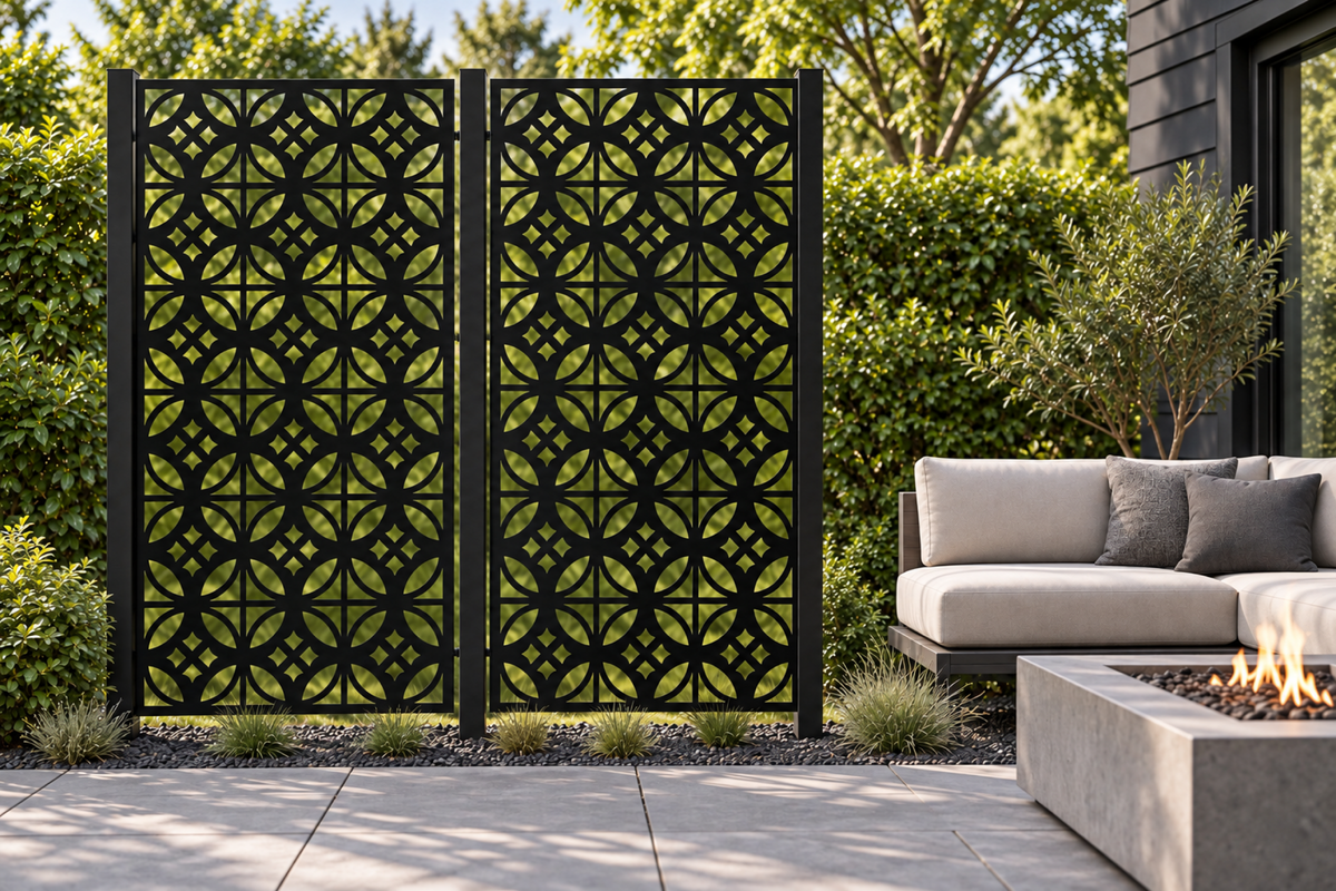 Design 247 Petal Circle Grid Laser Cut Metal Privacy Screen Panel installed garden daylight view