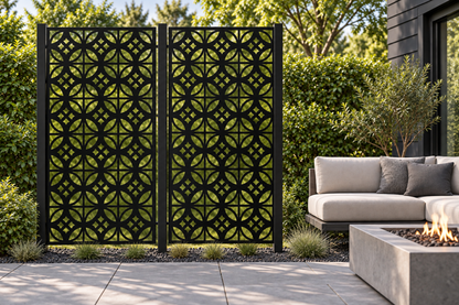 Design 247 Petal Circle Grid Laser Cut Metal Privacy Screen Panel installed garden daylight view