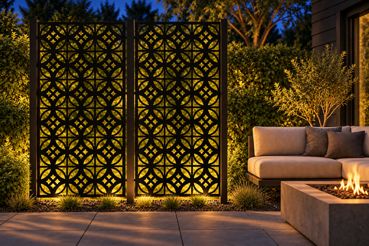 Design 247 Petal Circle Grid Laser Cut Metal Privacy Screen Panel installed garden night lighting view
