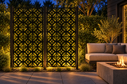 Design 247 Petal Circle Grid Laser Cut Metal Privacy Screen Panel installed garden night lighting view
