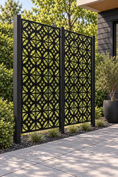 Design 247 Petal Circle Grid Laser Cut Metal Privacy Screen Panel oblique angle view