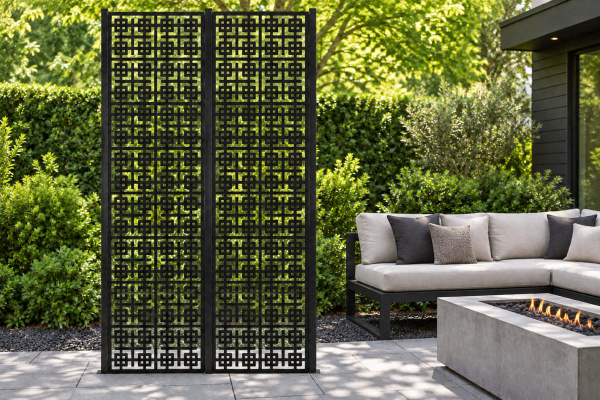 Design 248 Fine Square Key Maze Laser Cut Metal Privacy Screen Panel installed garden daylight view