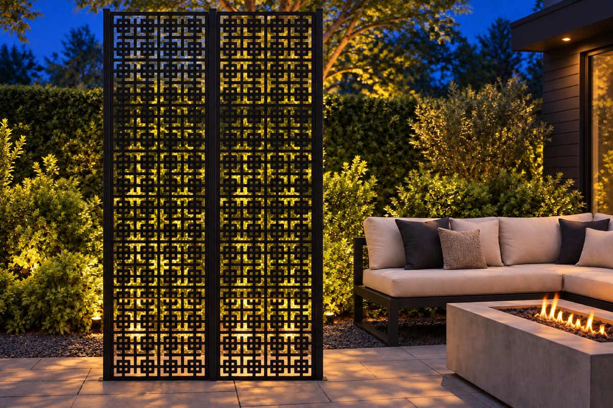 Design 248 Fine Square Key Maze Laser Cut Metal Privacy Screen Panel installed garden night lighting view