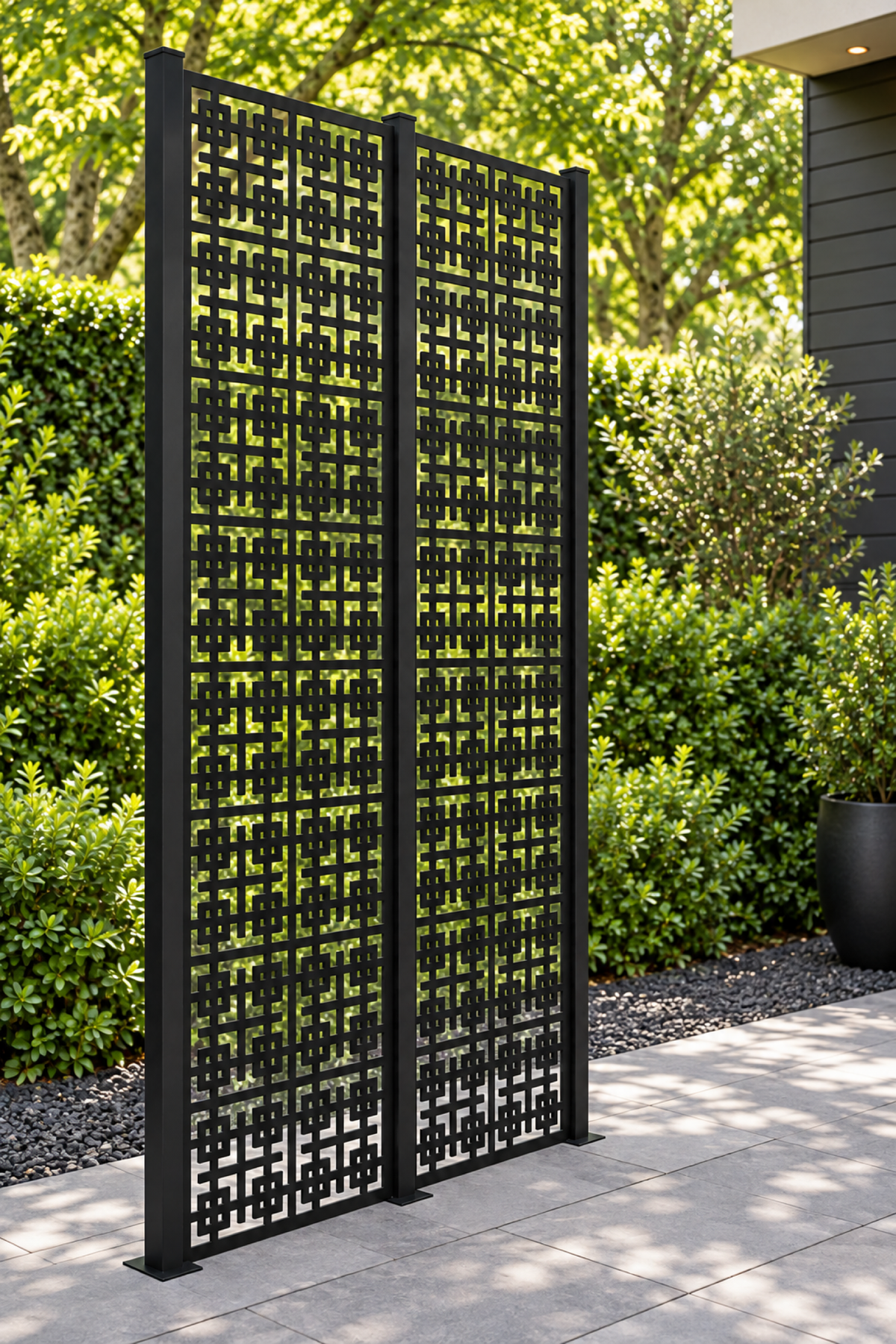 Design 248 Fine Square Key Maze Laser Cut Metal Privacy Screen Panel oblique angle view