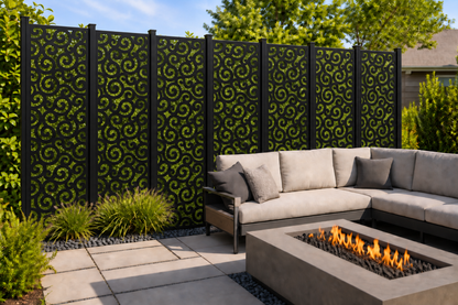 Design 249 Dense Wave Cloud Laser Cut Metal Privacy Screen Panel installed garden daylight view
