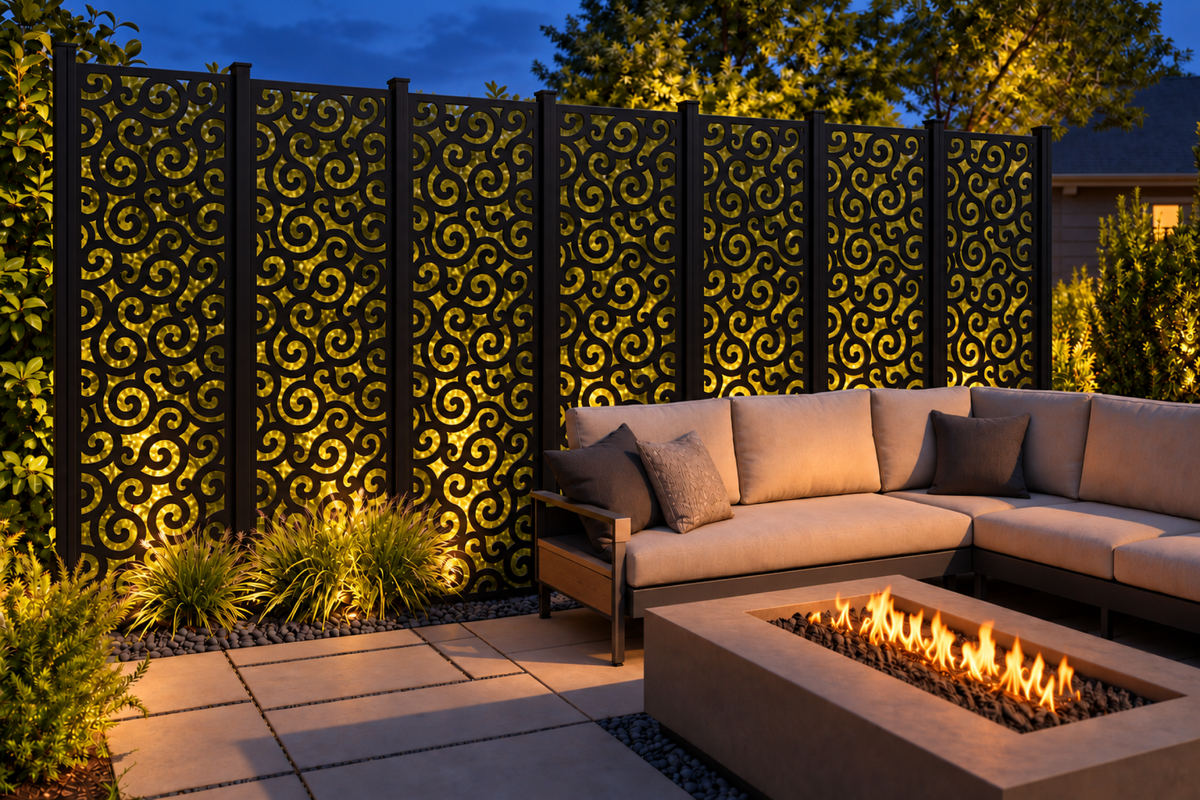 Design 249 Dense Wave Cloud Laser Cut Metal Privacy Screen Panel installed garden night lighting view