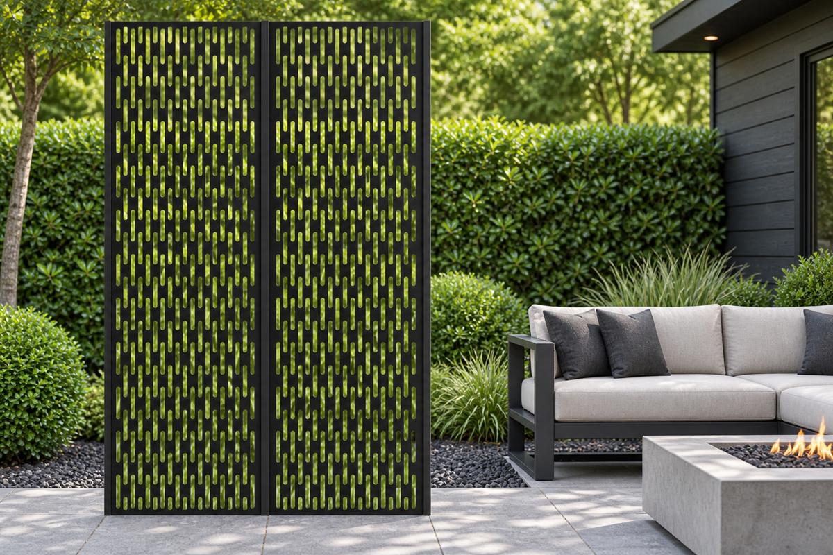 Design 250 Vertical Slot Rhythm Laser Cut Metal Privacy Screen Panel installed garden daylight view
