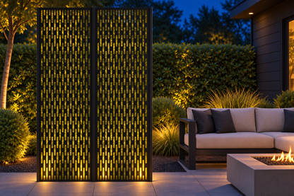 Design 250 Vertical Slot Rhythm Laser Cut Metal Privacy Screen Panel installed garden night lighting view