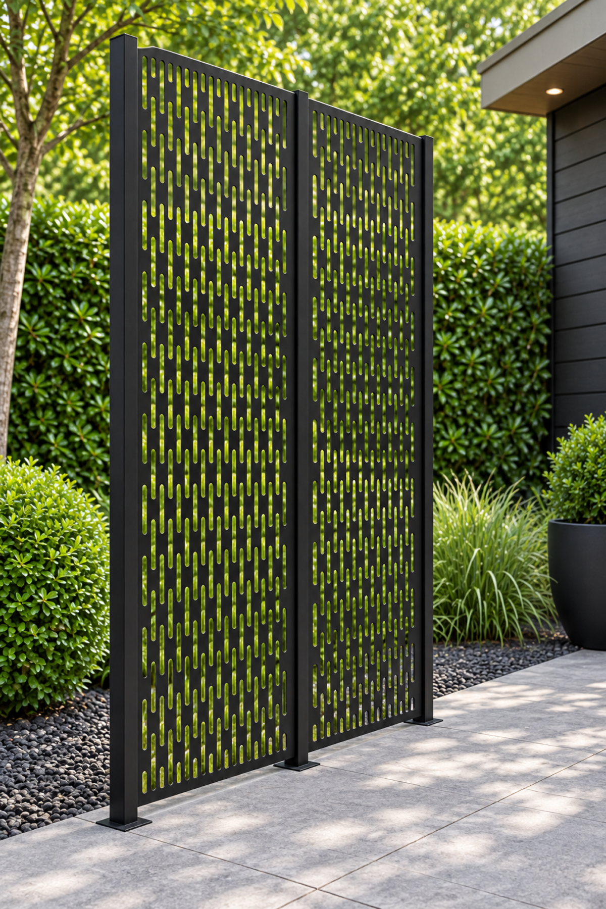 Design 250 Vertical Slot Rhythm Laser Cut Metal Privacy Screen Panel oblique angle view
