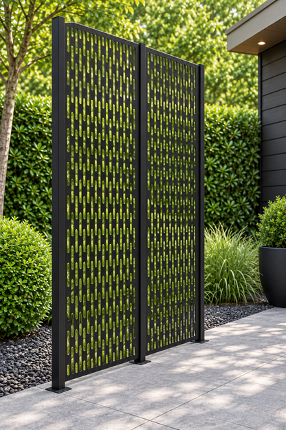Design 250 Vertical Slot Rhythm Laser Cut Metal Privacy Screen Panel oblique angle view