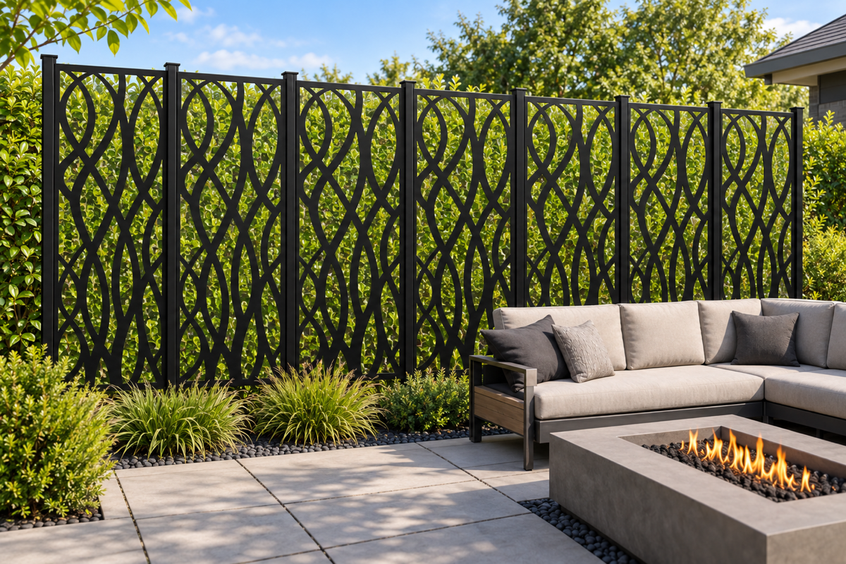 Design 251 Tall Sine Waves Laser Cut Metal Privacy Screen Panel installed garden daylight view
