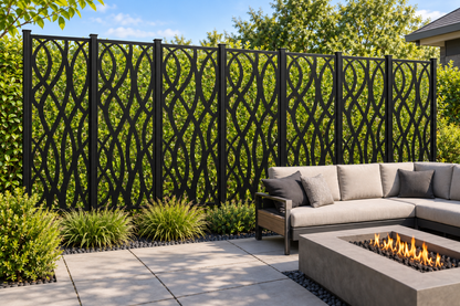 Design 251 Tall Sine Waves Laser Cut Metal Privacy Screen Panel installed garden daylight view