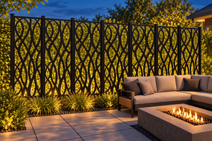 Design 251 Tall Sine Waves Laser Cut Metal Privacy Screen Panel installed garden night lighting view