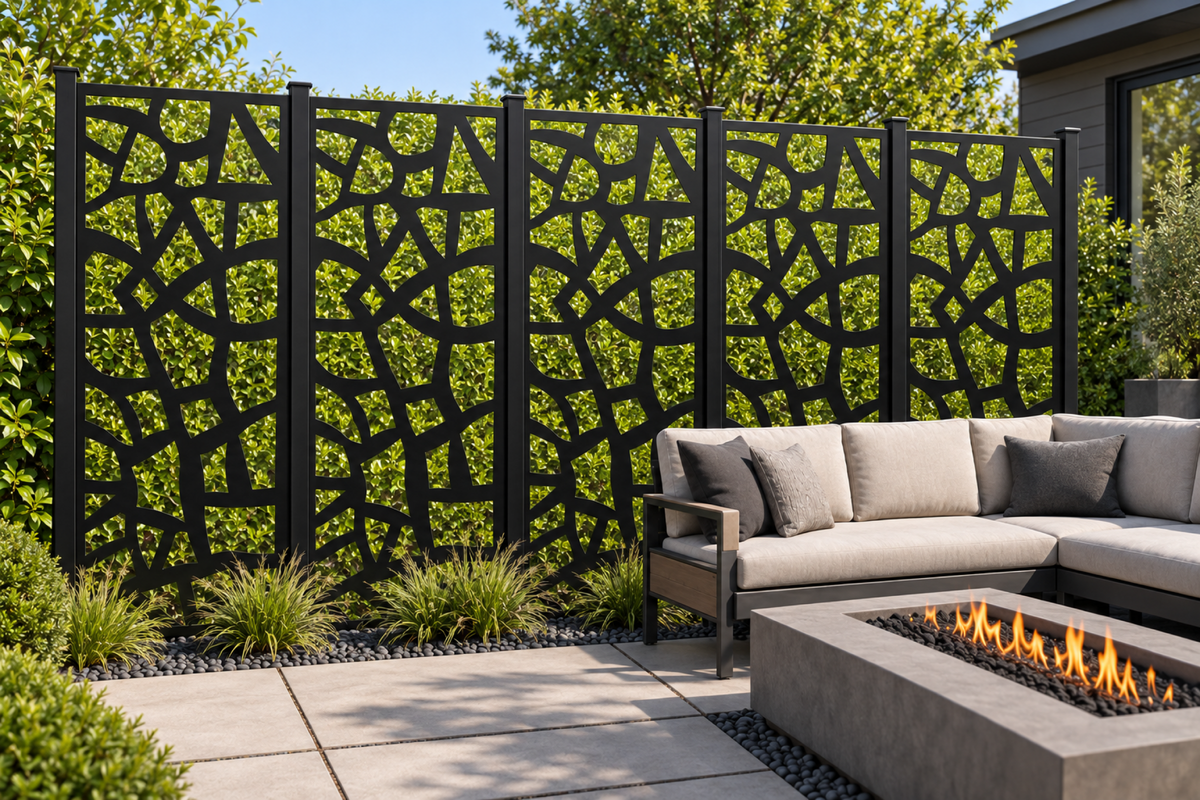 Design 252 Asymmetric Stone Grid Laser Cut Metal Privacy Screen Panel installed garden daylight view