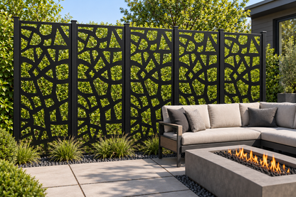 Design 252 Asymmetric Stone Grid Laser Cut Metal Privacy Screen Panel installed garden daylight view