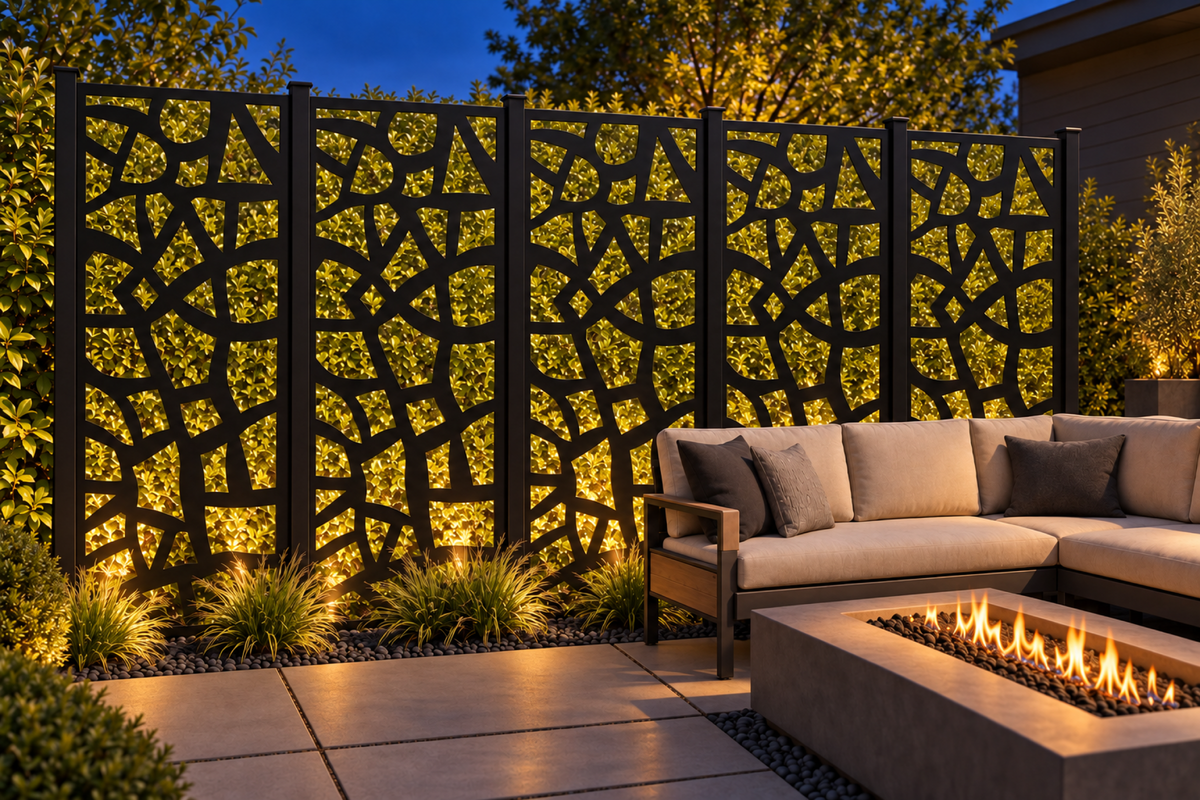 Design 252 Asymmetric Stone Grid Laser Cut Metal Privacy Screen Panel installed garden night lighting view